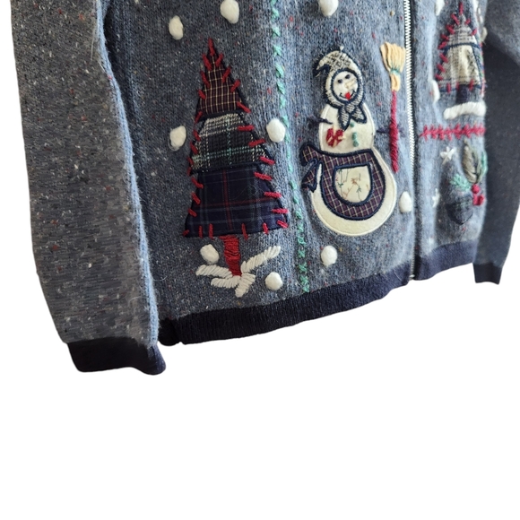 VTG Festive BP Design Embroidered Patchwork Blue Heather Zip Christmas Sweater M - Picture 8 of 15